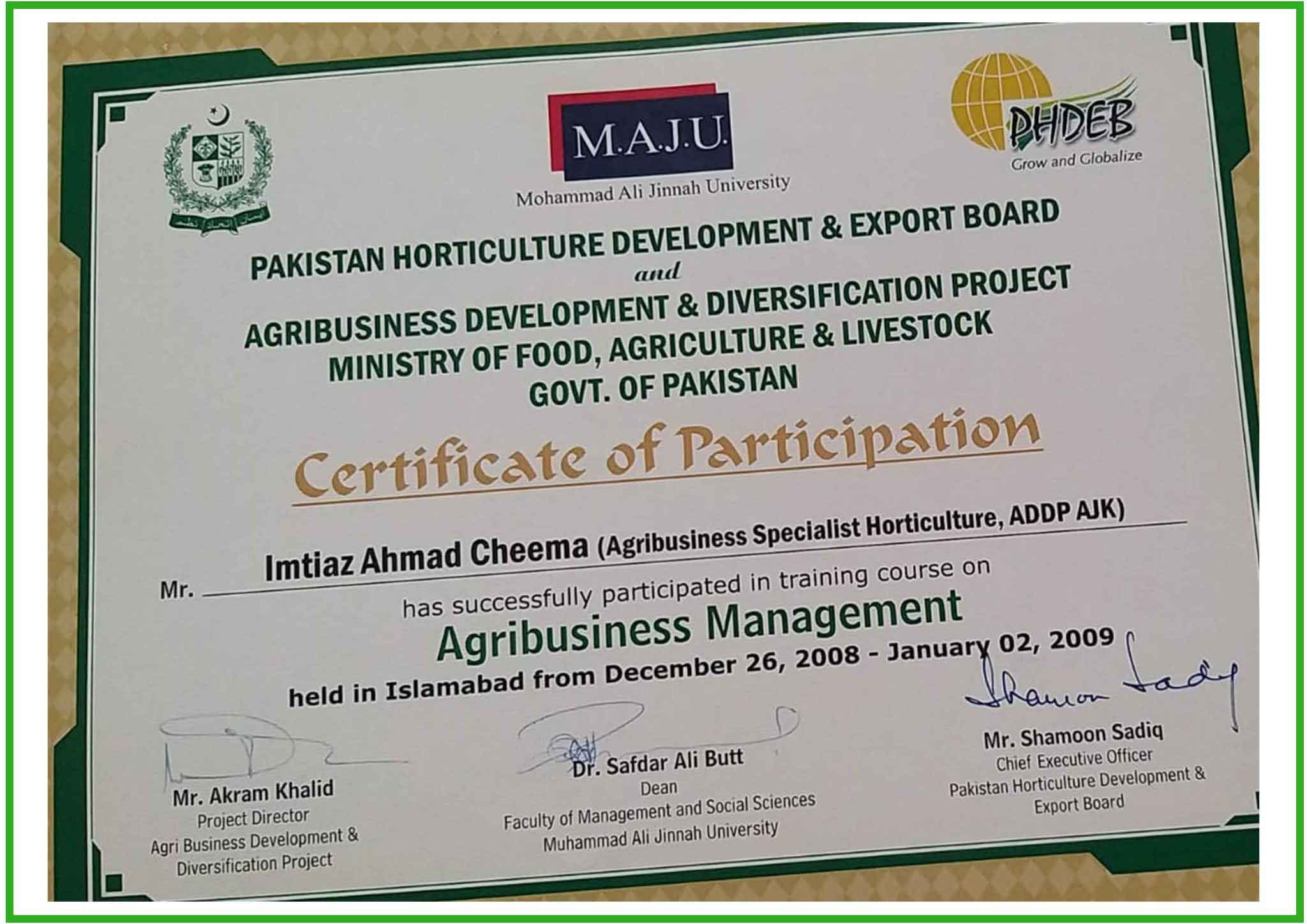 Agribusiness Specialist Horticulture ADDP AJK Pestinil Certifications