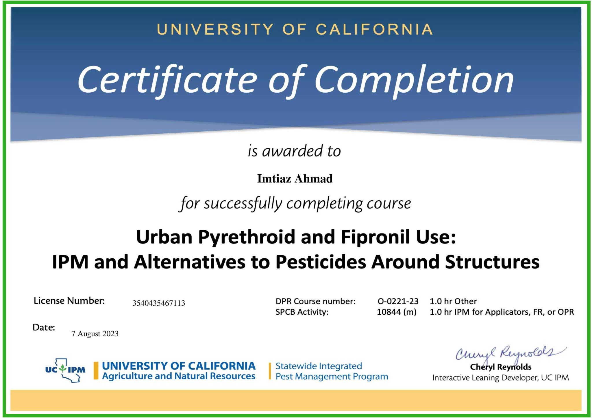 University of California Agriculture and Natural Resources Pestinil Certifications